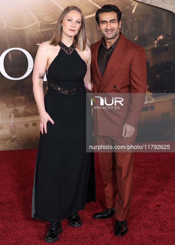 Emily V. Gordon and husband Kumail Ali Nanjiani arrive at the Los Angeles Premiere Of Paramount Pictures' 'Gladiator II' held at the TCL Chi...