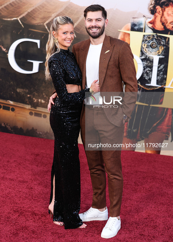 Hannah Godwin and husband Dylan Barbour arrive at the Los Angeles Premiere Of Paramount Pictures' 'Gladiator II' held at the TCL Chinese The...