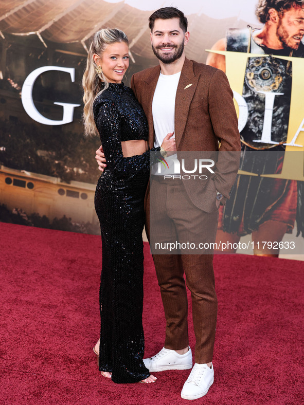 Hannah Godwin and husband Dylan Barbour arrive at the Los Angeles Premiere Of Paramount Pictures' 'Gladiator II' held at the TCL Chinese The...