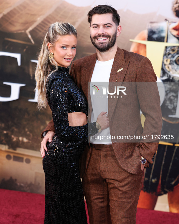 Hannah Godwin and husband Dylan Barbour arrive at the Los Angeles Premiere Of Paramount Pictures' 'Gladiator II' held at the TCL Chinese The...