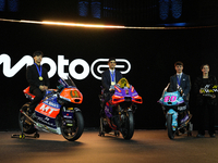 Ai Ogura (L) of Japan and Moto2 champion, Jorge Martin (89) of Spain and MotoGP Champion and David Alonso (80) of Colombia and Moto3 Champio...