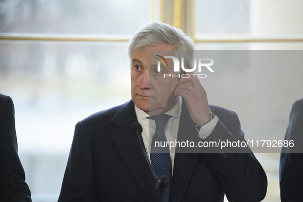 Italian Foreign Minister Antonio Tajani looks on during the EU's Big Five press conference after talks in Warsaw, Poland, on November 19, 20...