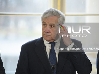 Italian Foreign Minister Antonio Tajani looks on during the EU's Big Five press conference after talks in Warsaw, Poland, on November 19, 20...