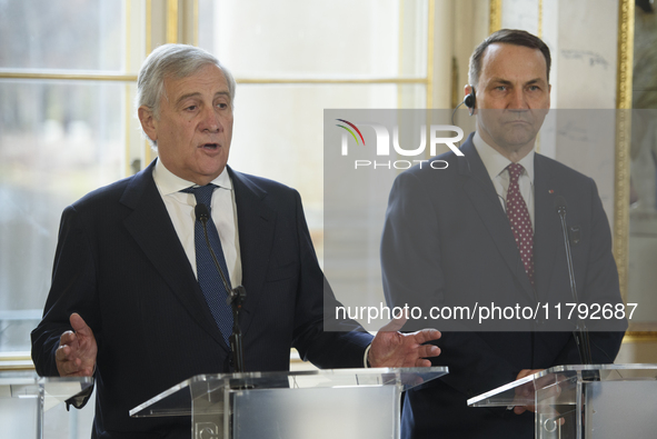 Italian Foreign Minister Antonio Tajani gestures as he speaks during the EU's Big Five press conference after talks in Warsaw, Poland, on No...