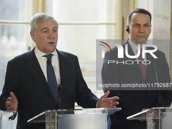 Italian Foreign Minister Antonio Tajani gestures as he speaks during the EU's Big Five press conference after talks in Warsaw, Poland, on No...