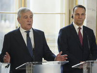 Italian Foreign Minister Antonio Tajani gestures as he speaks during the EU's Big Five press conference after talks in Warsaw, Poland, on No...