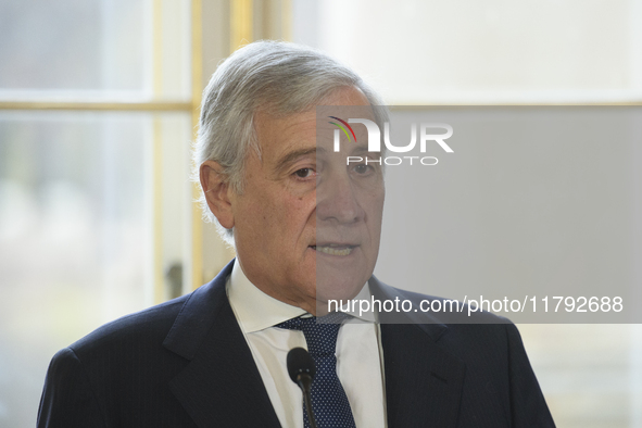 Italian Foreign Minister Antonio Tajani speaks during the EU's Big Five press conference after talks in Warsaw, Poland, on November 19, 2024...