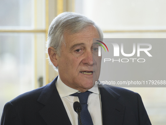 Italian Foreign Minister Antonio Tajani speaks during the EU's Big Five press conference after talks in Warsaw, Poland, on November 19, 2024...