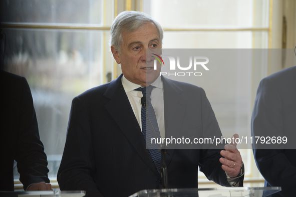 Italian Foreign Minister Antonio Tajani gestures as he speaks during the EU's Big Five press conference after talks in Warsaw, Poland, on No...