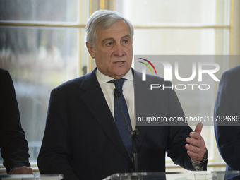 Italian Foreign Minister Antonio Tajani gestures as he speaks during the EU's Big Five press conference after talks in Warsaw, Poland, on No...