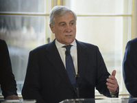 Italian Foreign Minister Antonio Tajani gestures as he speaks during the EU's Big Five press conference after talks in Warsaw, Poland, on No...