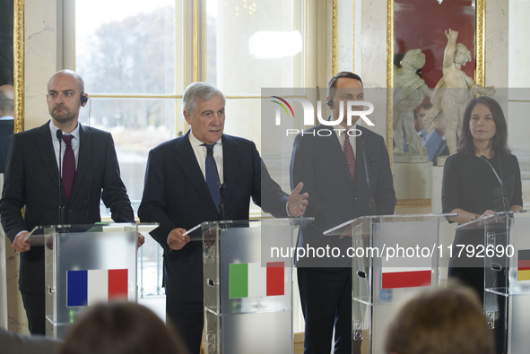 From left to right, French Foreign Minister Jean-Noel Barrot, Italian Foreign Minister Antonio Tajani, Polish Foreign Minister Radoslaw Siko...