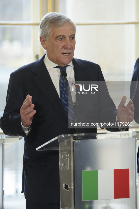 Italian Foreign Minister Antonio Tajani gestures as he speaks during the EU's Big Five press conference after talks in Warsaw, Poland, on No...