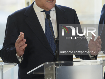 Italian Foreign Minister Antonio Tajani gestures as he speaks during the EU's Big Five press conference after talks in Warsaw, Poland, on No...