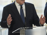 Italian Foreign Minister Antonio Tajani gestures as he speaks during the EU's Big Five press conference after talks in Warsaw, Poland, on No...