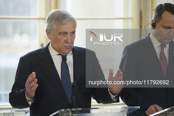 Italian Foreign Minister Antonio Tajani gestures as he speaks during the EU's Big Five press conference after talks in Warsaw, Poland, on No...