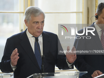 Italian Foreign Minister Antonio Tajani gestures as he speaks during the EU's Big Five press conference after talks in Warsaw, Poland, on No...