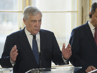 Italian Foreign Minister Antonio Tajani gestures as he speaks during the EU's Big Five press conference after talks in Warsaw, Poland, on No...