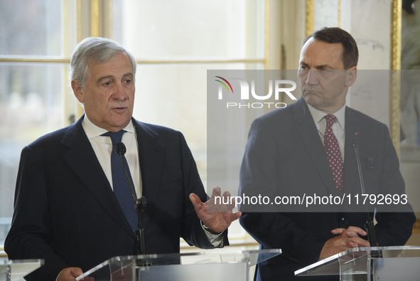 Italian Foreign Minister Antonio Tajani gestures as he speaks during the EU's Big Five press conference after talks in Warsaw, Poland, on No...