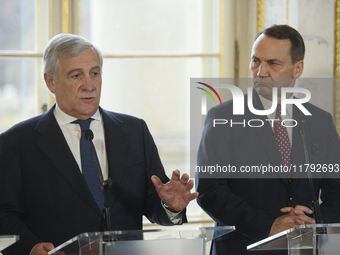 Italian Foreign Minister Antonio Tajani gestures as he speaks during the EU's Big Five press conference after talks in Warsaw, Poland, on No...