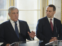 Italian Foreign Minister Antonio Tajani gestures as he speaks during the EU's Big Five press conference after talks in Warsaw, Poland, on No...