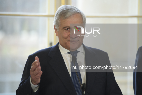 Italian Foreign Minister Antonio Tajani gestures as he speaks during the EU's Big Five press conference after talks in Warsaw, Poland, on No...