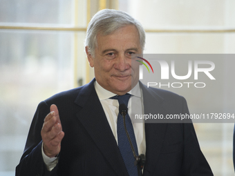 Italian Foreign Minister Antonio Tajani gestures as he speaks during the EU's Big Five press conference after talks in Warsaw, Poland, on No...