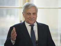 Italian Foreign Minister Antonio Tajani gestures as he speaks during the EU's Big Five press conference after talks in Warsaw, Poland, on No...