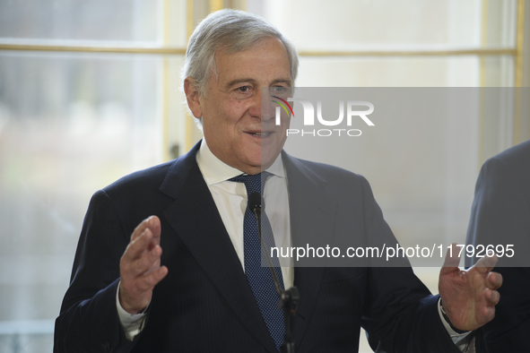 Italian Foreign Minister Antonio Tajani gestures as he speaks during the EU's Big Five press conference after talks in Warsaw, Poland, on No...