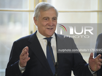 Italian Foreign Minister Antonio Tajani gestures as he speaks during the EU's Big Five press conference after talks in Warsaw, Poland, on No...