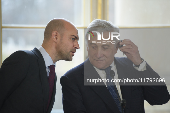 French Foreign Minister Jean-Noel Barrot speaks to Italian Foreign Minister Antonio Tajani during the EU's Big Five press conference after t...