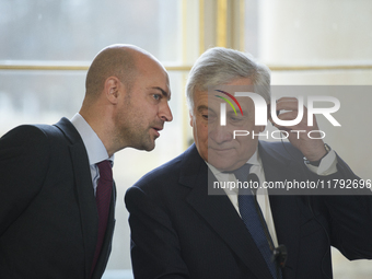 French Foreign Minister Jean-Noel Barrot speaks to Italian Foreign Minister Antonio Tajani during the EU's Big Five press conference after t...