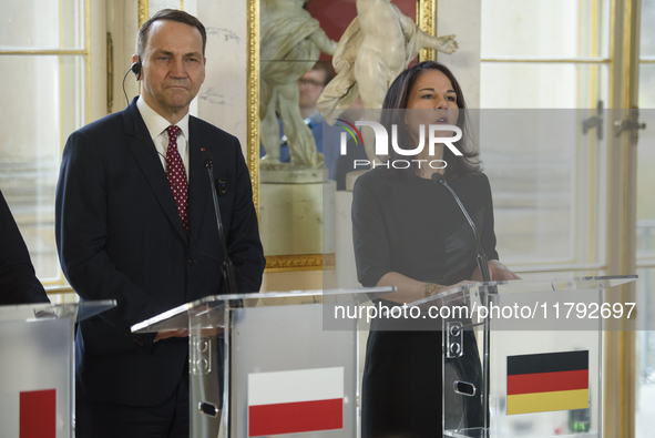 German Foreign Minister Annalena Baerbock speaks during the EU's Big Five press conference after talks in Warsaw, Poland, on November 19, 20...