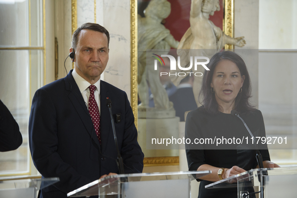 German Foreign Minister Annalena Baerbock speaks during the EU's Big Five press conference after talks in Warsaw, Poland, on November 19, 20...