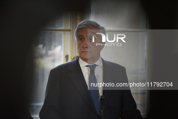 Italian Foreign Minister Antonio Tajani looks on during the EU's Big Five press conference after talks in Warsaw, Poland, on November 19, 20...