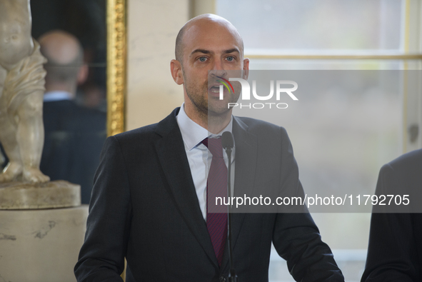 French Foreign Minister Jean-Noel Barrot speaks during the EU's Big Five press conference after talks in Warsaw, Poland, on November 19, 202...