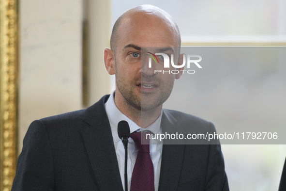 French Foreign Minister Jean-Noel Barrot speaks during the EU's Big Five press conference after talks in Warsaw, Poland, on November 19, 202...