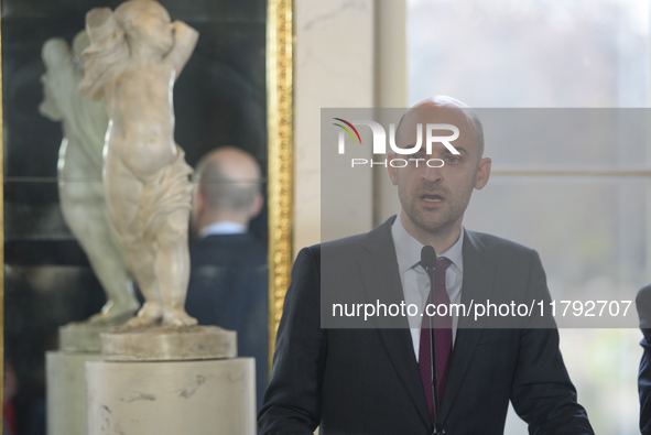 French Foreign Minister Jean-Noel Barrot speaks during the EU's Big Five press conference after talks in Warsaw, Poland, on November 19, 202...