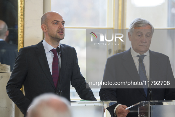 French Foreign Minister Jean-Noel Barrot speaks during the EU's Big Five press conference after talks in Warsaw, Poland, on November 19, 202...