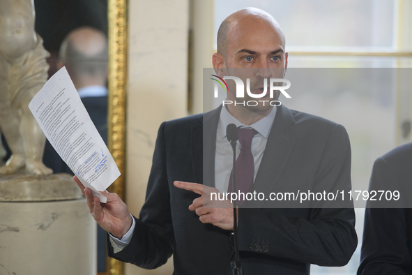 French Foreign Minister Jean-Noel Barrot gestures as he speaks during the EU's Big Five press conference after talks in Warsaw, Poland, on N...