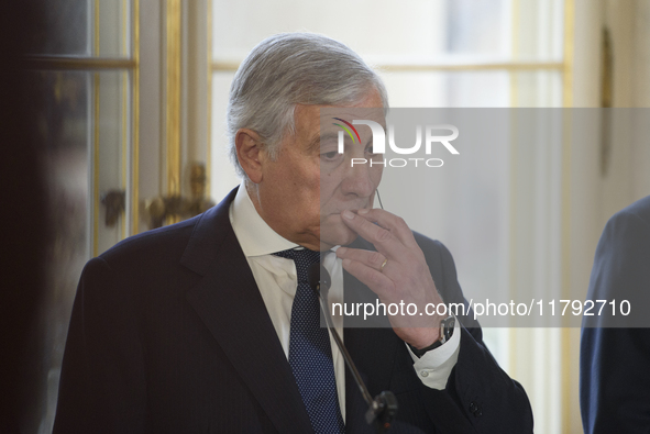 Italian Foreign Minister Antonio Tajani gestures as he speaks during the EU's Big Five press conference after talks in Warsaw, Poland, on No...