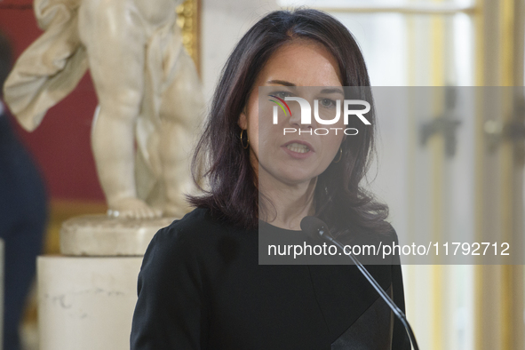 German Foreign Minister Annalena Baerbock speaks during the EU's Big Five press conference after talks in Warsaw, Poland, on November 19, 20...