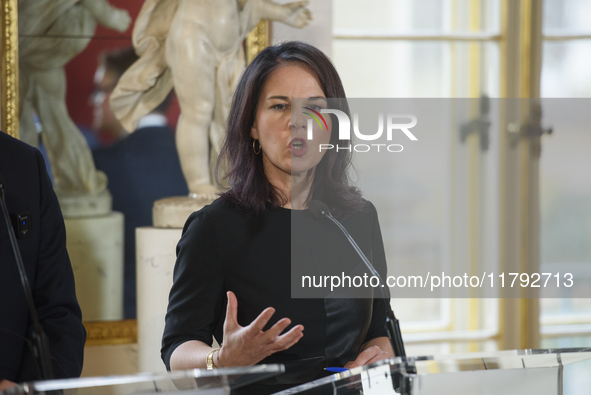 German Foreign Minister Annalena Baerbock speaks during the EU's Big Five press conference after talks in Warsaw, Poland, on November 19, 20...