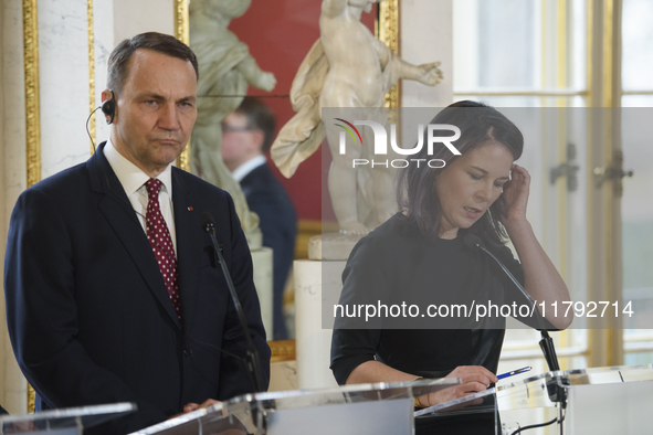 German Foreign Minister Annalena Baerbock speaks during the EU's Big Five press conference after talks in Warsaw, Poland, on November 19, 20...