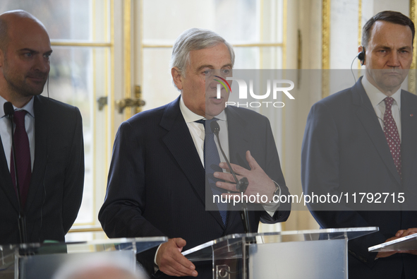 Italian Foreign Minister Antonio Tajani gestures as he speaks during the EU's Big Five press conference after talks in Warsaw, Poland, on No...