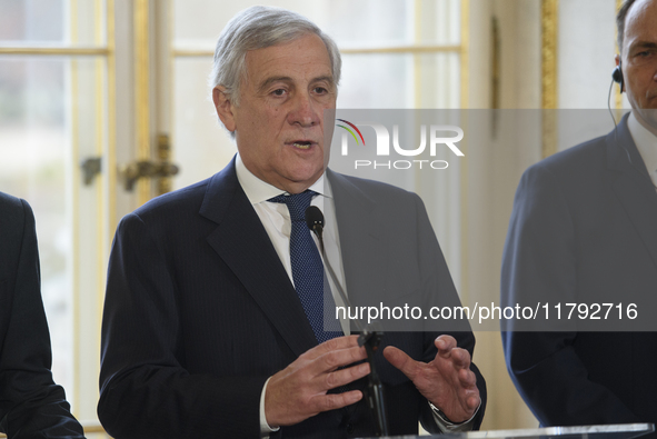 Italian Foreign Minister Antonio Tajani gestures as he speaks during the EU's Big Five press conference after talks in Warsaw, Poland, on No...