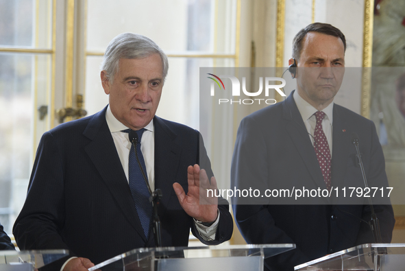 Italian Foreign Minister Antonio Tajani gestures as he speaks during the EU's Big Five press conference after talks in Warsaw, Poland, on No...