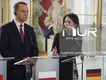 German Foreign Minister Annalena Baerbock speaks during the EU's Big Five press conference after talks in Warsaw, Poland, on November 19, 20...