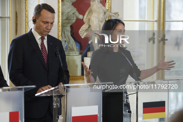 German Foreign Minister Annalena Baerbock speaks during the EU's Big Five press conference after talks in Warsaw, Poland, on November 19, 20...