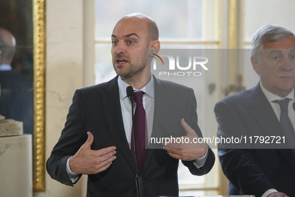 French Foreign Minister Jean-Noel Barrot gestures as he speaks during the EU's Big Five press conference after talks in Warsaw, Poland, on N...